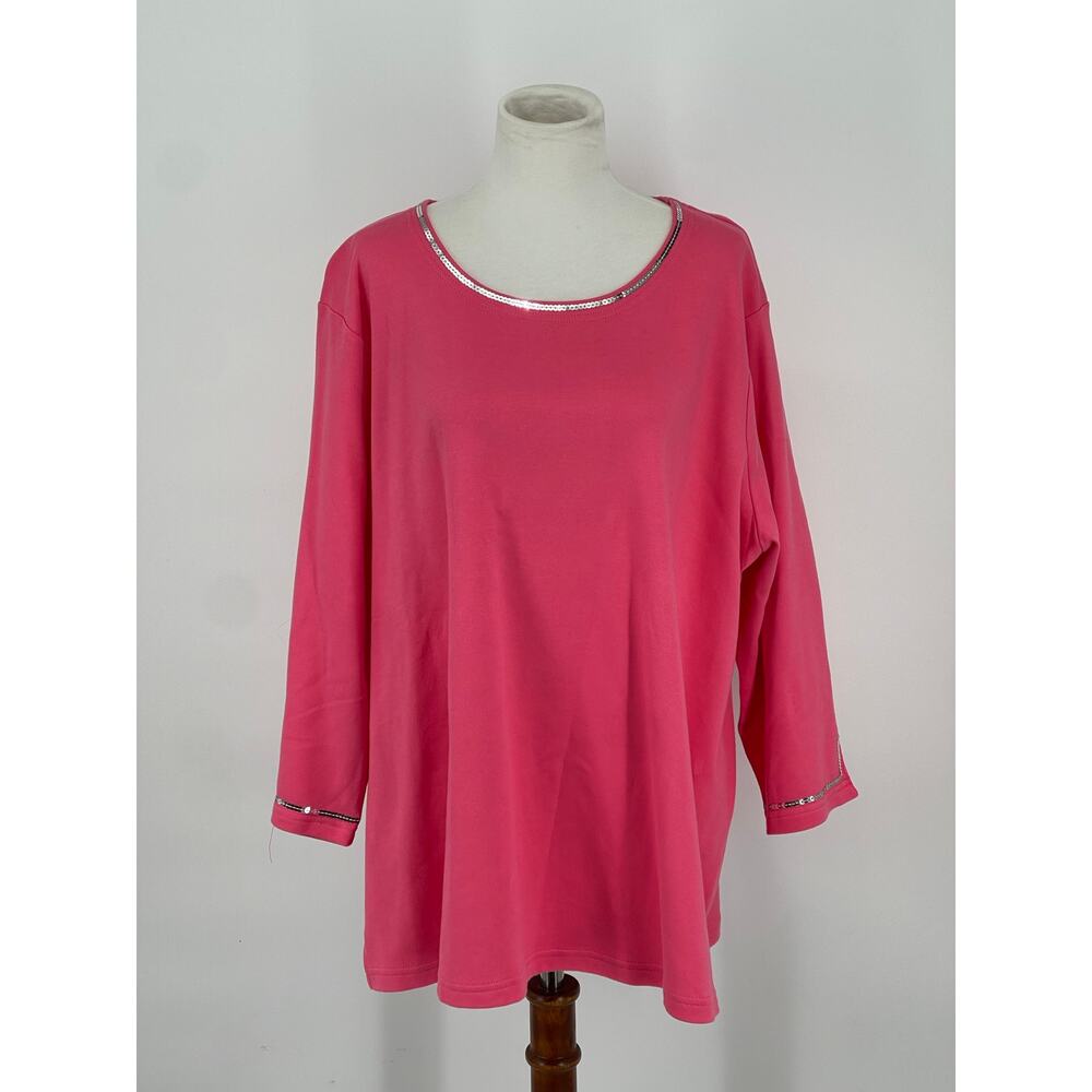Quacker Factory Hot Pink Sequin‎ 3/4 Sleeve Size 2X Vacation Resort